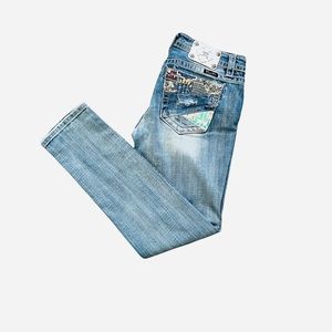 Miss Me Jeans 31 Blue Signature Skinny Distressed Destroyed Lt Wash Embellished